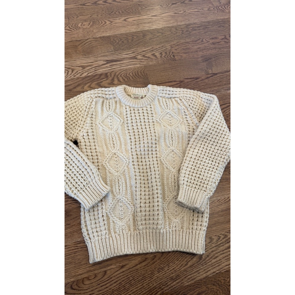 Gaeltarra Aran Sweater Mens 34 White Chunky Fisherman Handloomed Wool Ireland